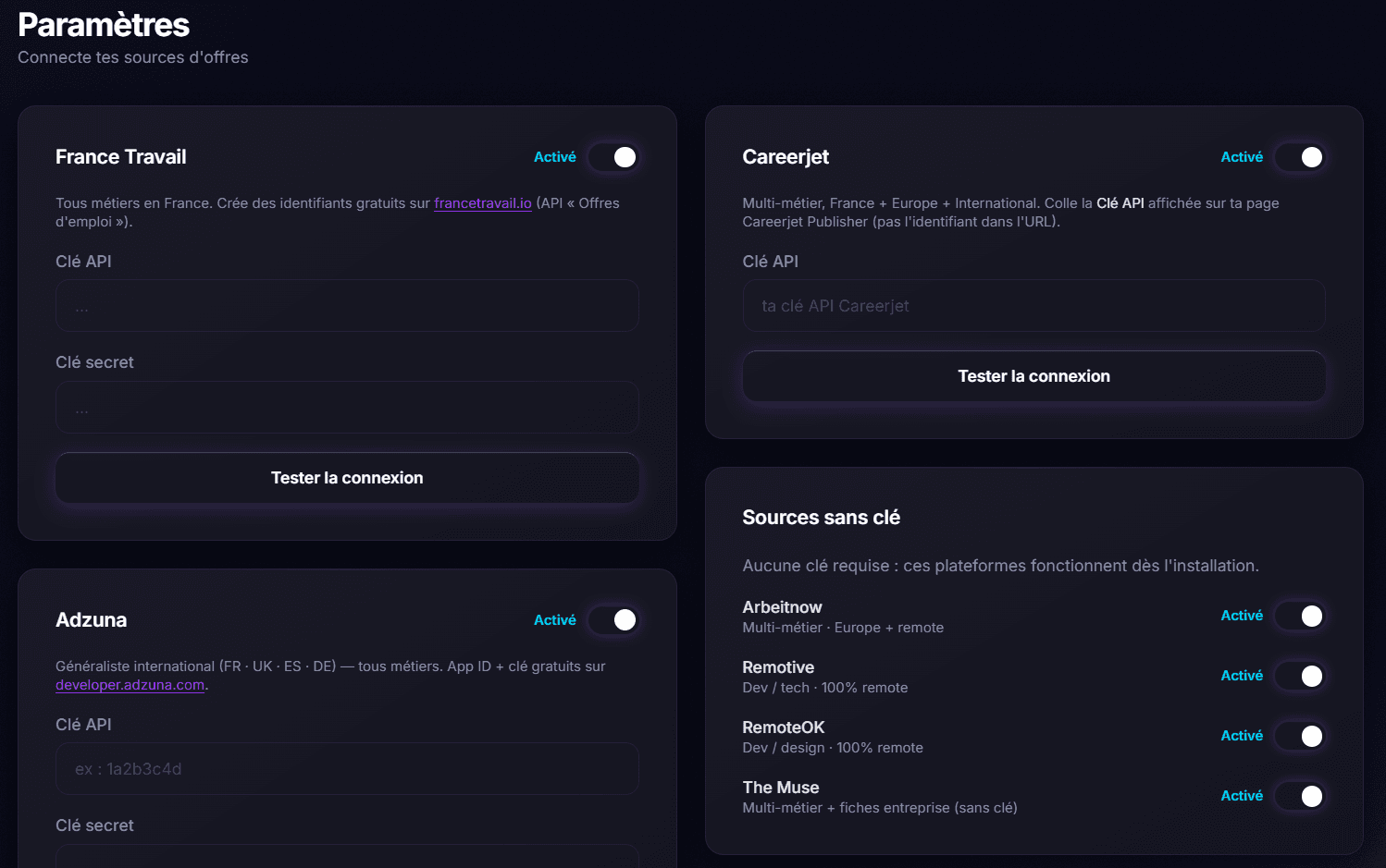 GoJob — paramètres de connexion des sources d'offres