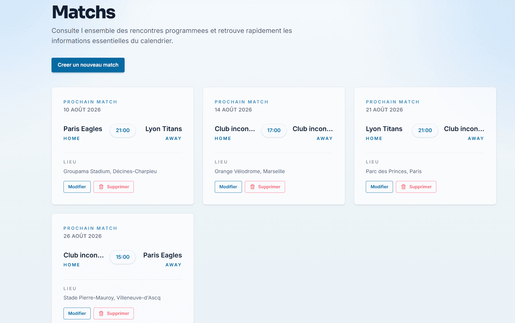 Sportify — page des matchs
