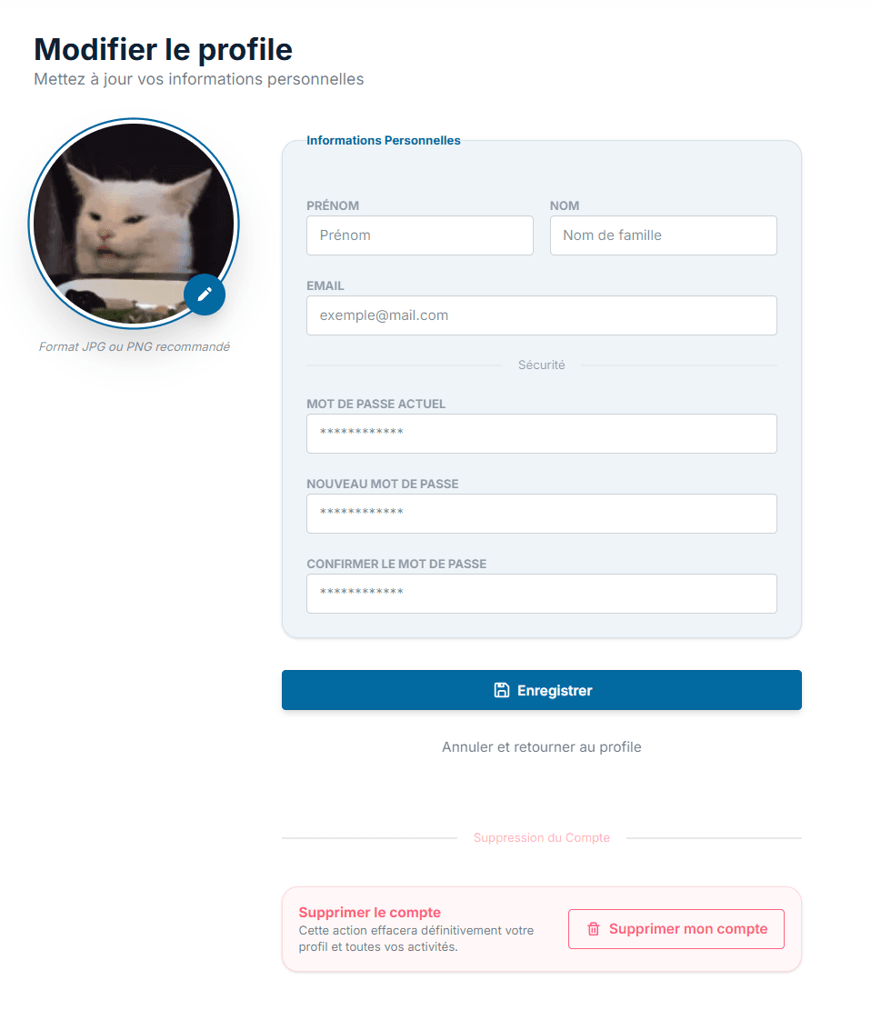 Sportify — modification du profil