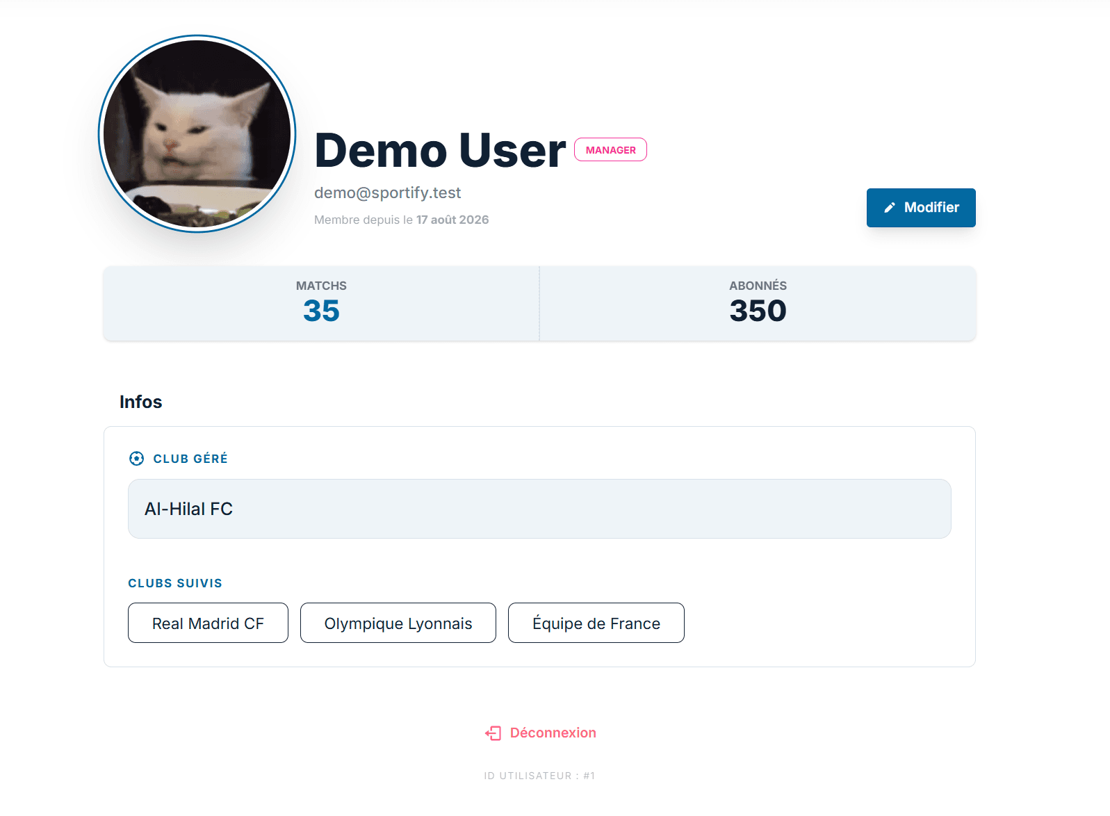 Sportify — page du profil